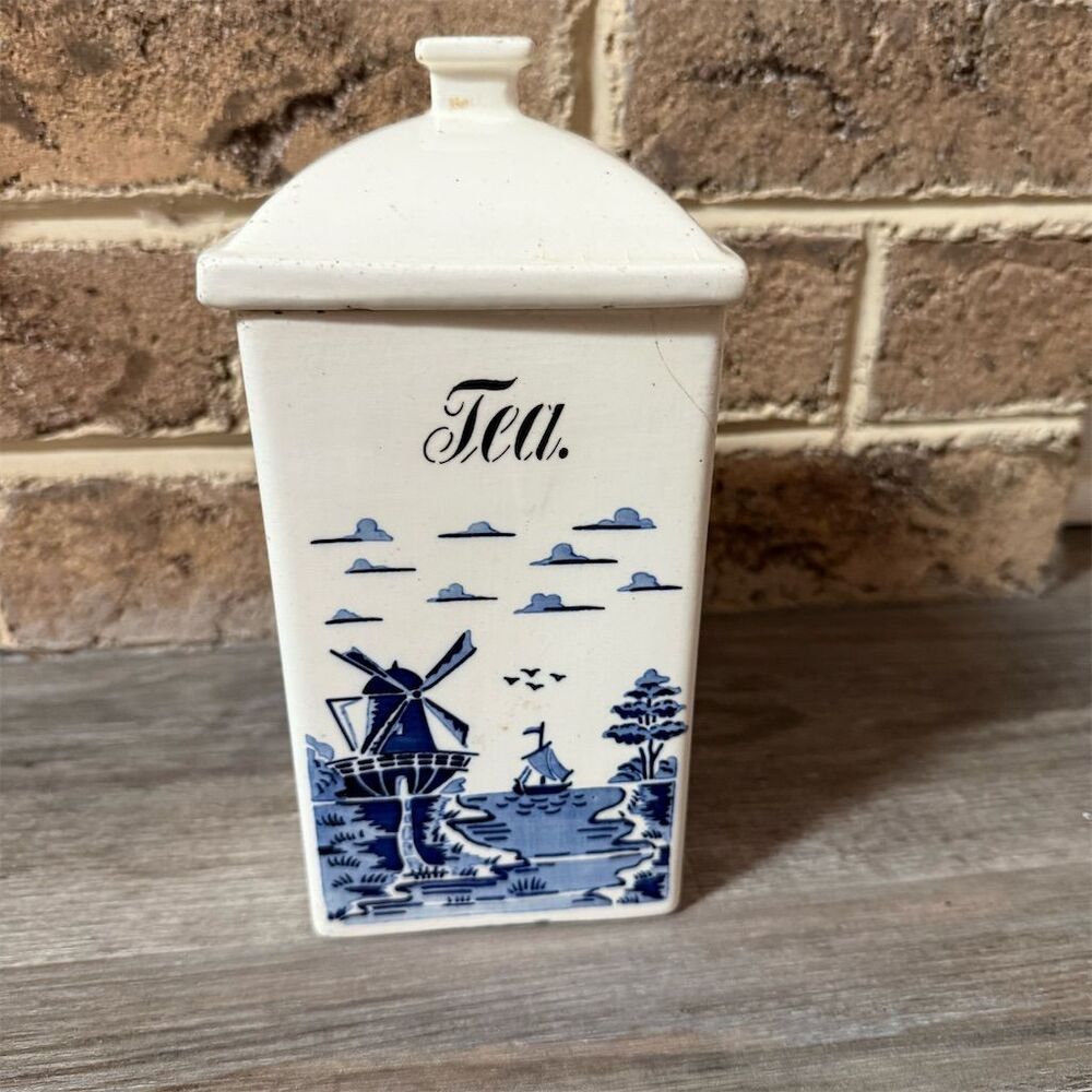 Vintage GMT Co Germany Ceramic Tea Canister Blue Windmill Design